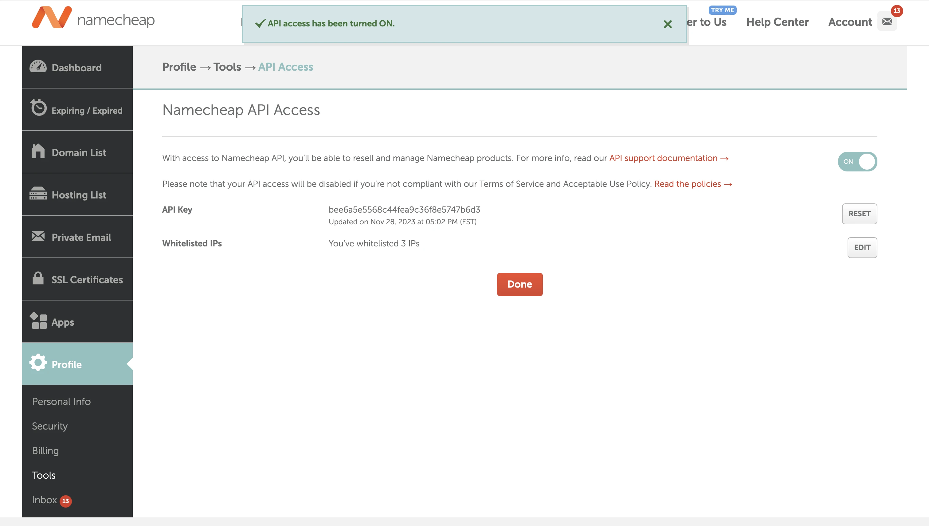 Namecheap Dashboard - Enable Access Page